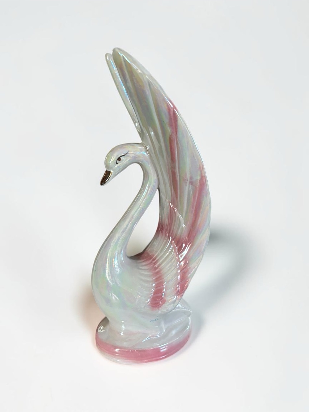 Vintage Iridescent Lusterware Swan Figurine 12" Pink Pearl Ceramic MCM Decor